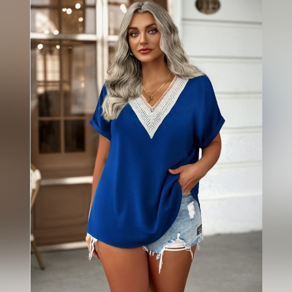 V Neck Shirts Short Sleeve Lace Blouse Casual Loose Fitting T-Shirt 2023 Trendy